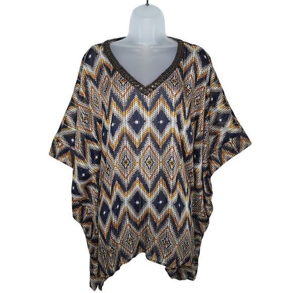 Chico's Diamond Print Poncho Shawl Beaded Sequin Sheer S/M Boho Top Flowy Topper - Picture 1 of 11